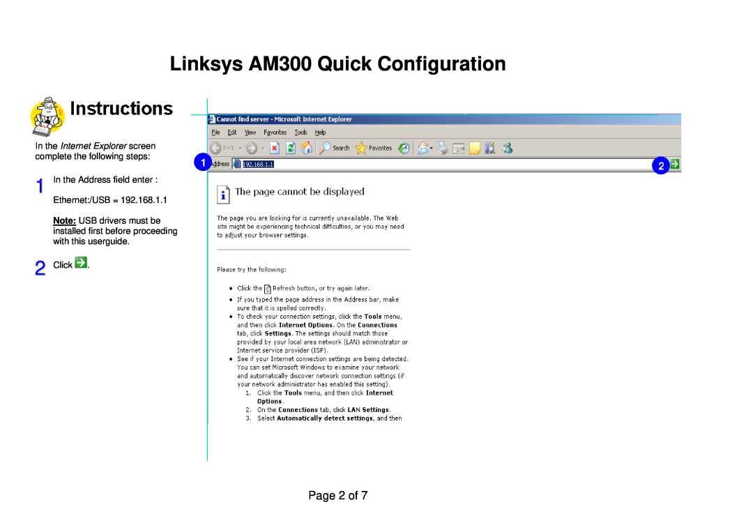 Linksys Linksys AM300 Quick Configuration, Page 2 of, In the Internet Explorer screen, complete the following steps 