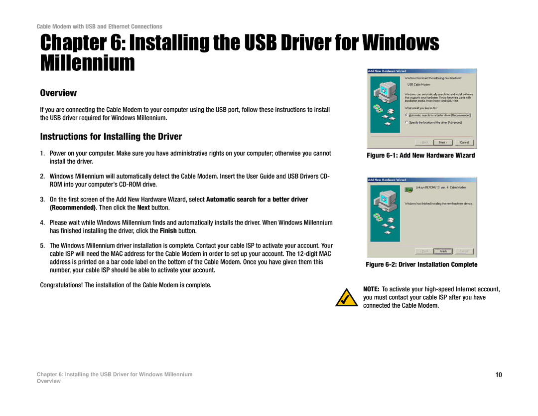 Linksys BEFCMU10 manual Installing the USB Driver for Windows Millennium, Add New Hardware Wizard 