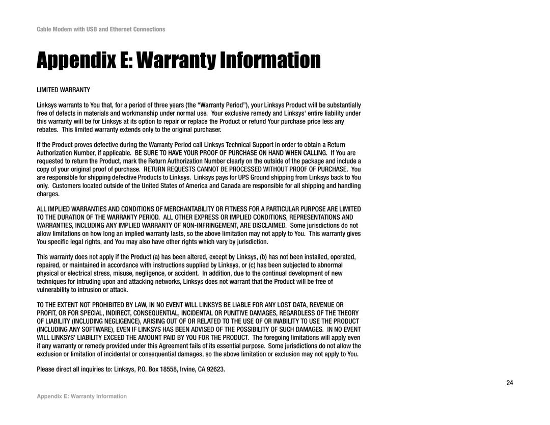 Linksys BEFCMU10 manual Appendix E Warranty Information, Limited Warranty 