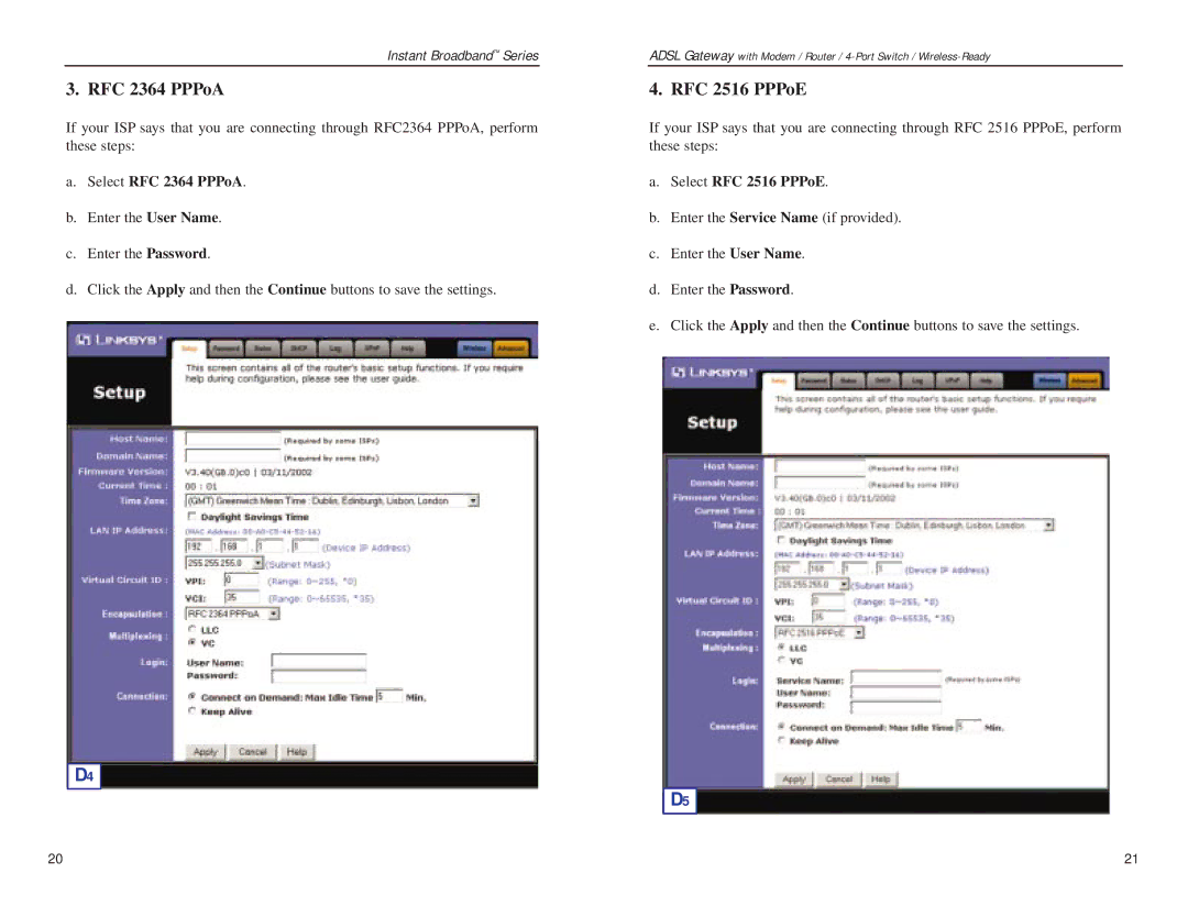 Linksys BEFDSR41W manual Select RFC 2364 PPPoA, Select RFC 2516 PPPoE 