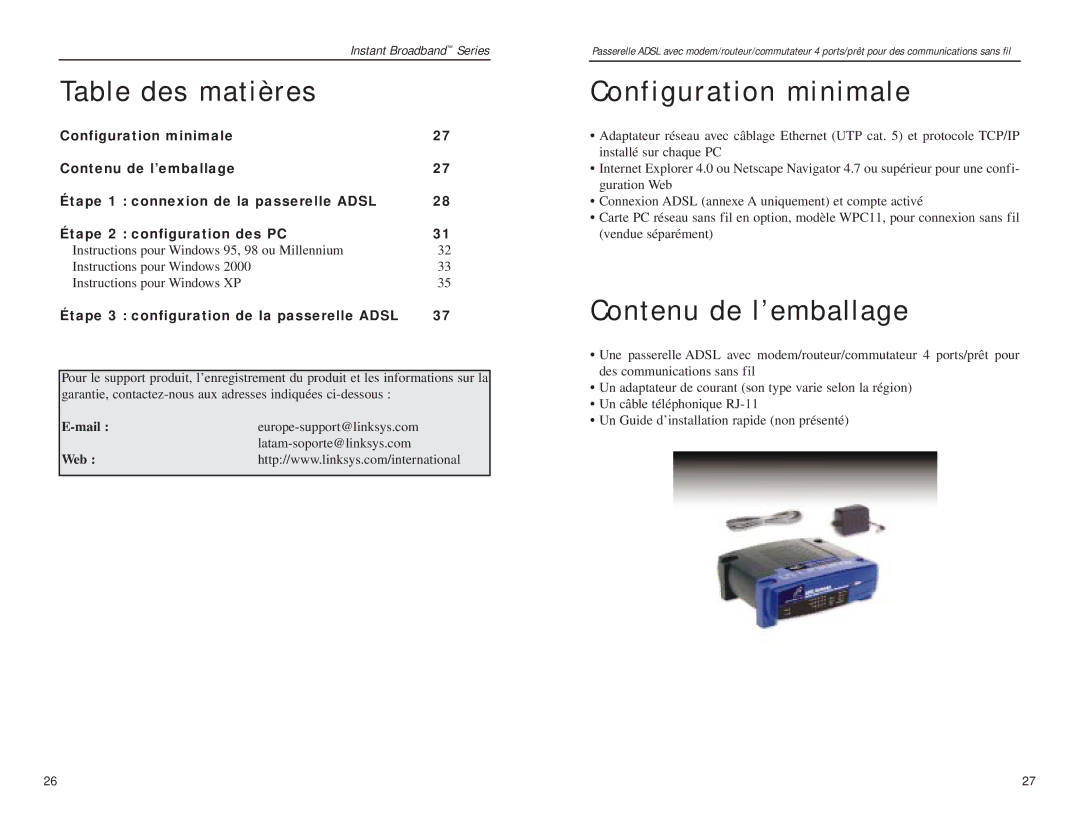 Linksys BEFDSR41W manual Table des matières, Configuration minimale, Contenu de l’emballage 