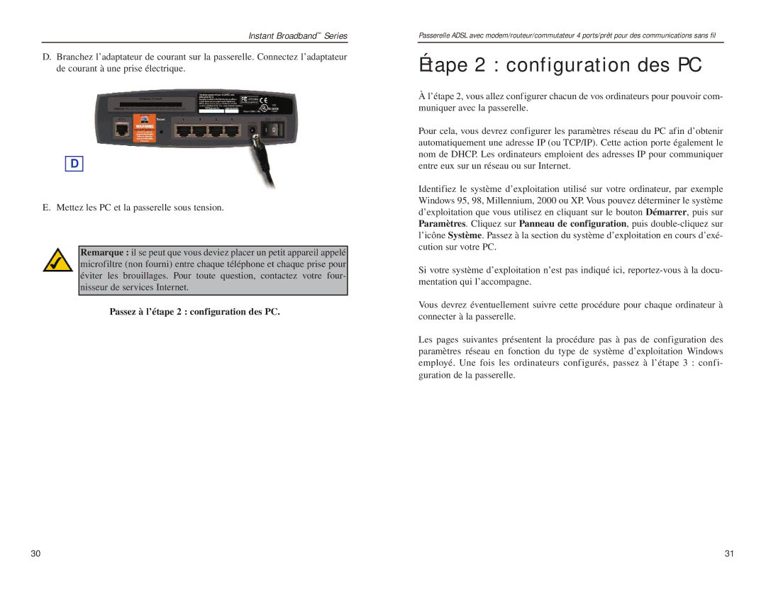 Linksys BEFDSR41W manual Étape 2 configuration des PC, Passez à l’étape 2 configuration des PC 