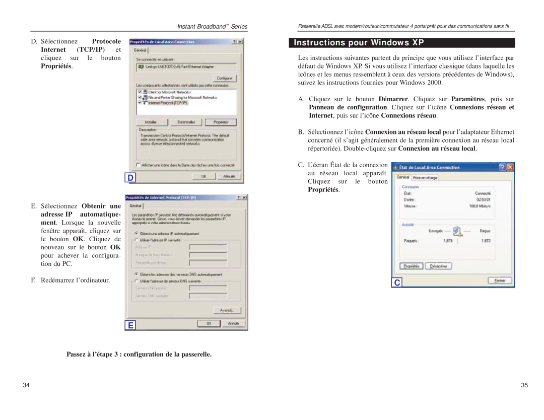 Linksys BEFDSR41W manual Instructions pour Windows XP, Protocole, Internet TCP/IP et, Propriétés, Adresse IP automatique 