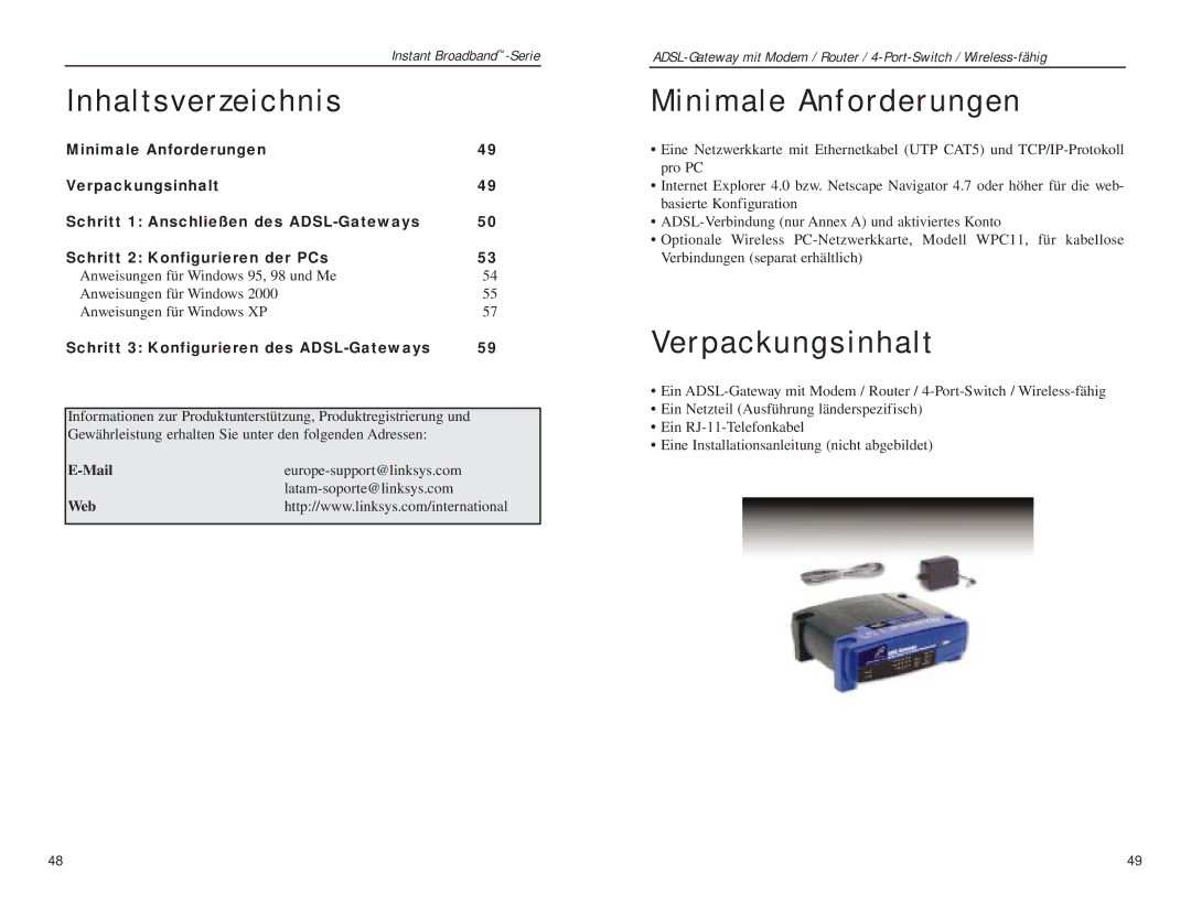 Linksys BEFDSR41W manual Inhaltsverzeichnis, Minimale Anforderungen, Verpackungsinhalt 