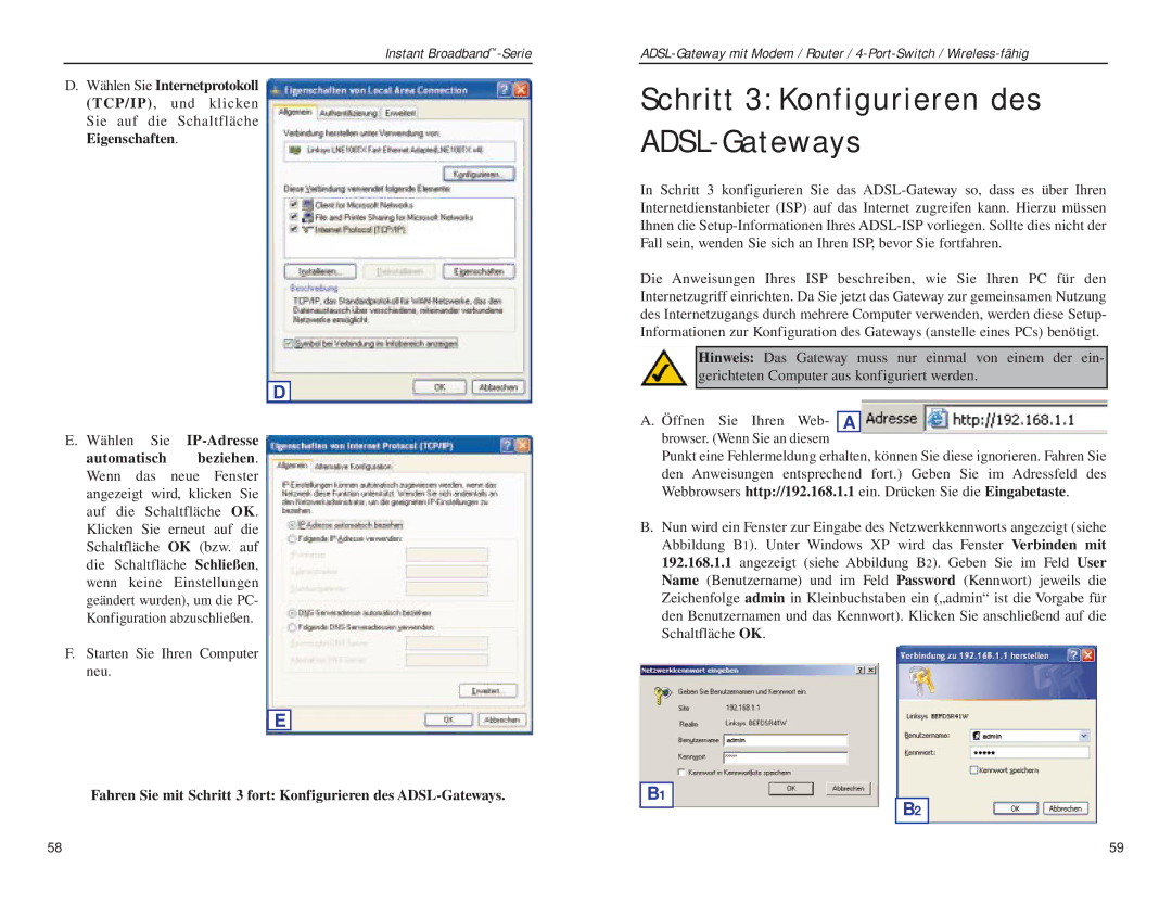 Linksys BEFDSR41W manual Schritt 3 Konfigurieren des ADSL-Gateways 