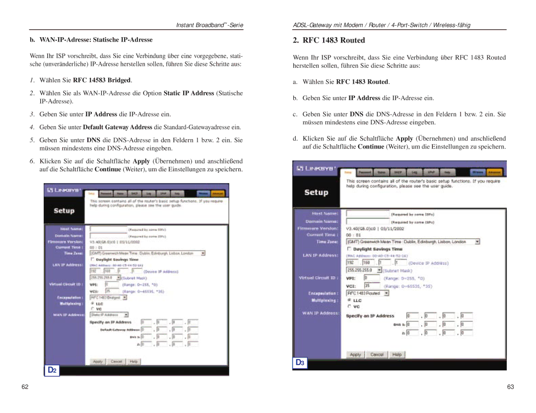 Linksys BEFDSR41W manual WAN-IP-Adresse Statische IP-Adresse, Wählen Sie RFC 1483 Routed 