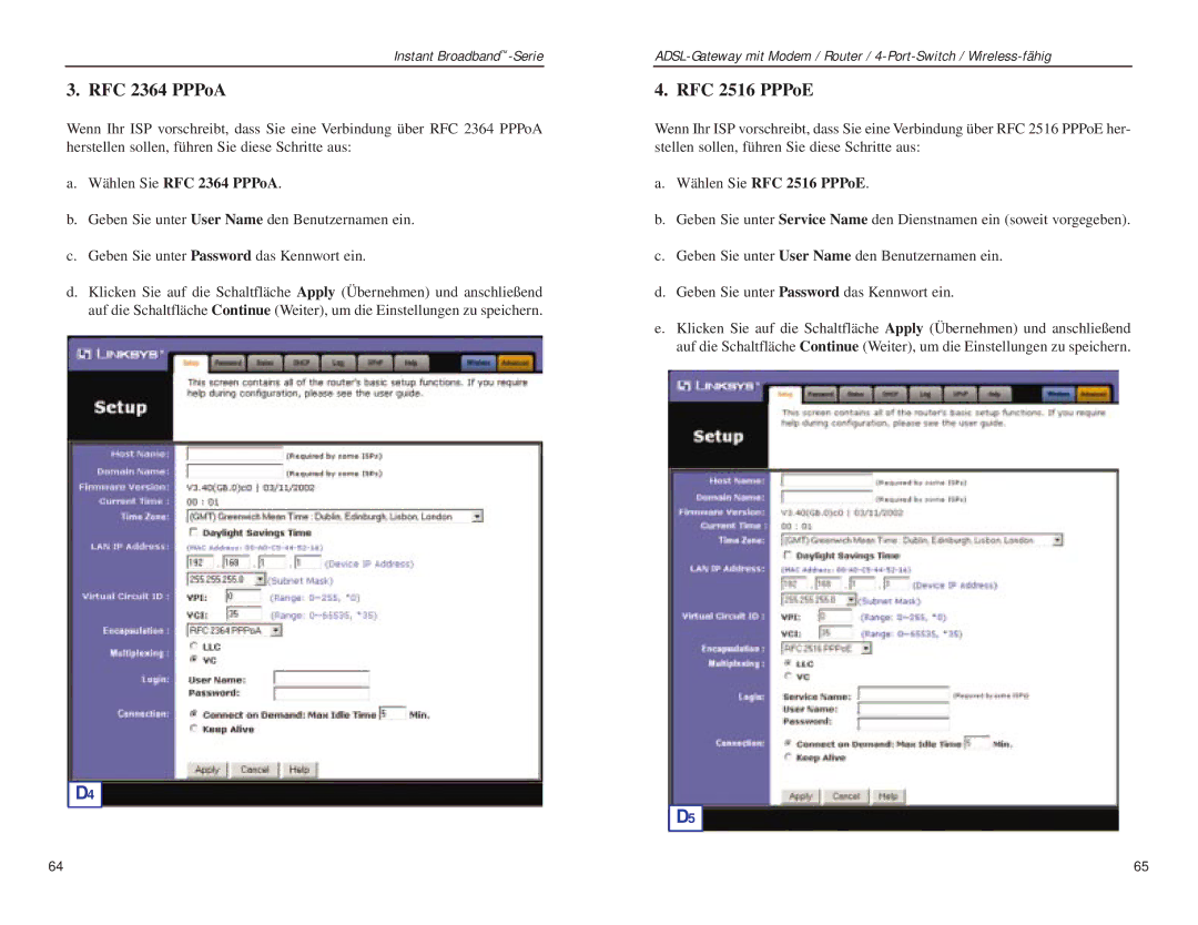 Linksys BEFDSR41W manual Wählen Sie RFC 2364 PPPoA, Wählen Sie RFC 2516 PPPoE 