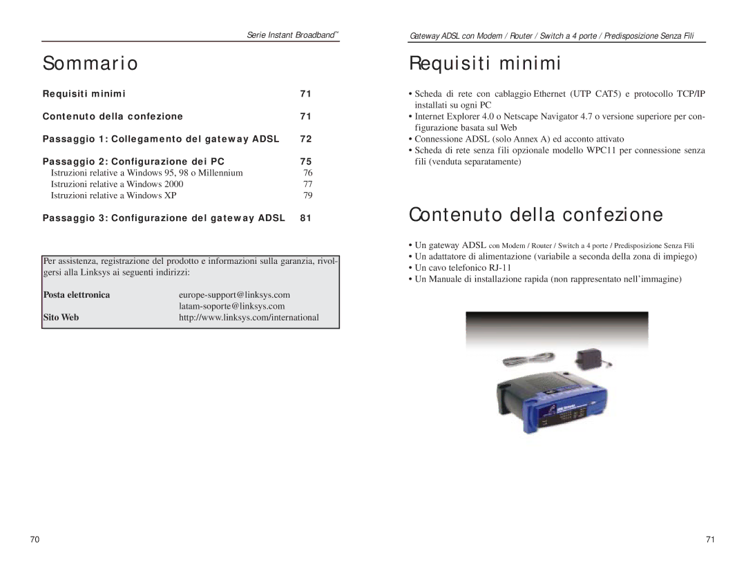 Linksys BEFDSR41W manual Sommario, Requisiti minimi, Contenuto della confezione, Posta elettronica, Sito Web 