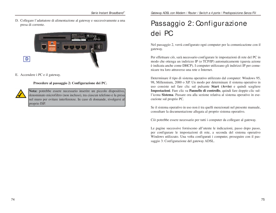 Linksys BEFDSR41W manual Passaggio 2 Configurazione dei PC, Procedere al passaggio 2 Configurazione dei PC 