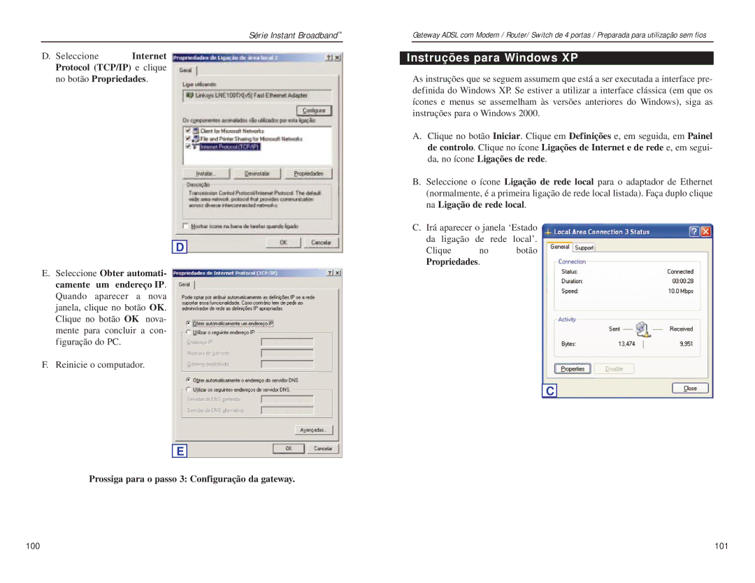 Linksys BEFDSR41W manual Instruções para Windows XP, Internet 