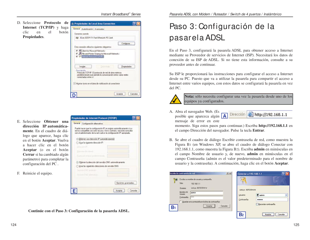 Linksys BEFDSR41W manual Continúe con el Paso 3 Configuración de la pasarela Adsl 