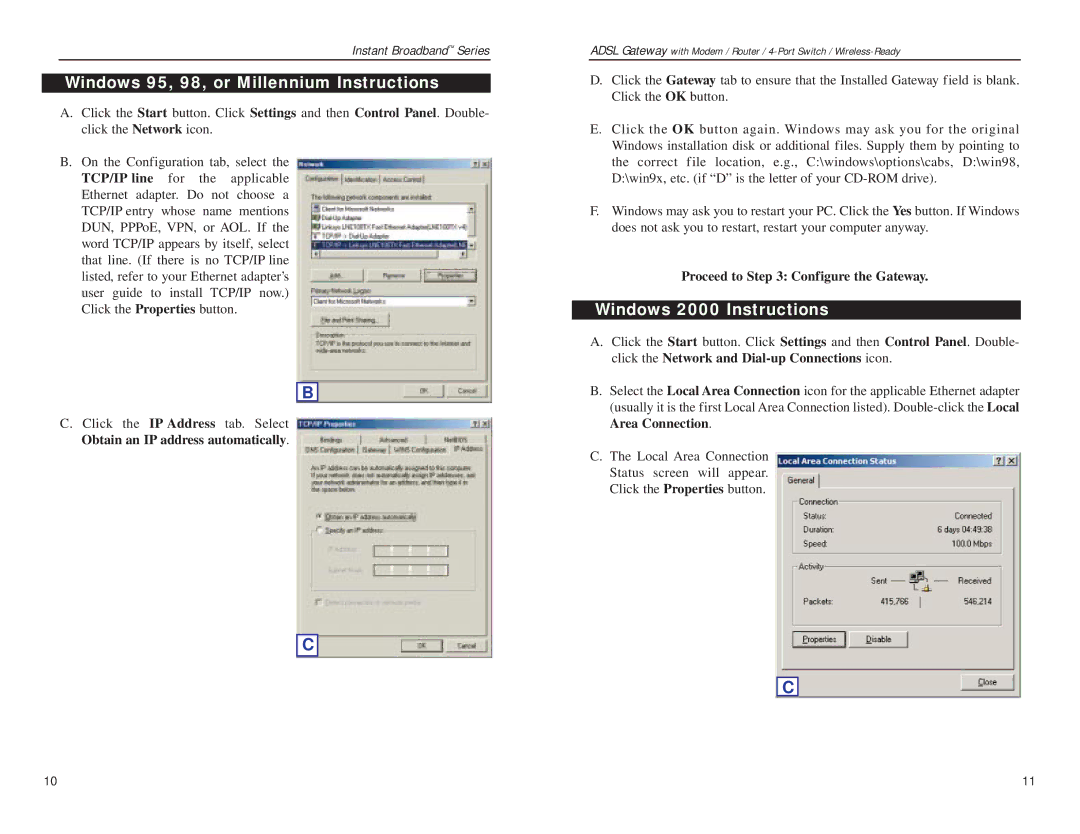 Linksys BEFDSR41W Windows 95, 98, or Millennium Instructions, Windows 2000 Instructions, Proceed to Configure the Gateway 