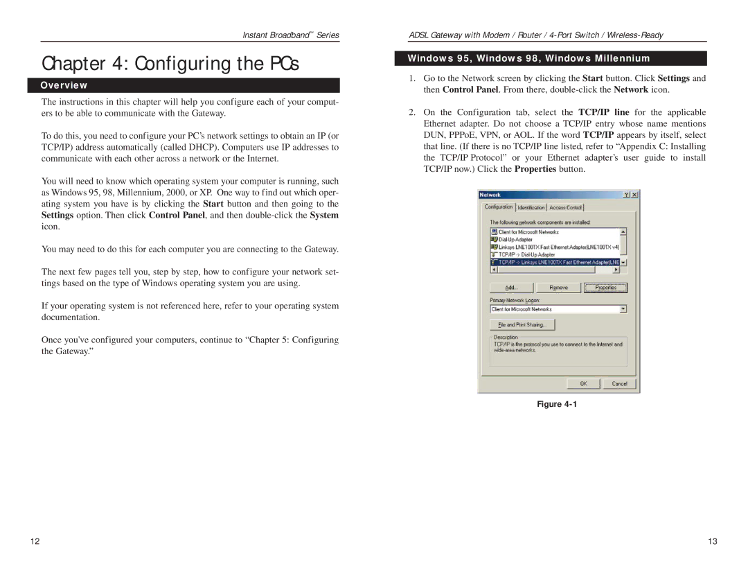 Linksys BEFDSR41W manual Configuring the PCs, Overview, Windows 95, Windows 98, Windows Millennium 