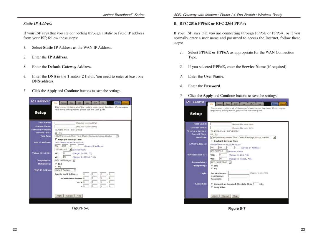 Linksys BEFDSR41W manual Enter the Default Gateway Address, RFC 2516 PPPoE or RFC 2364 PPPoA 