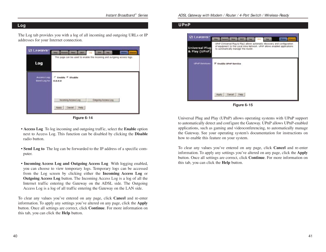 Linksys BEFDSR41W manual Log, UPnP 