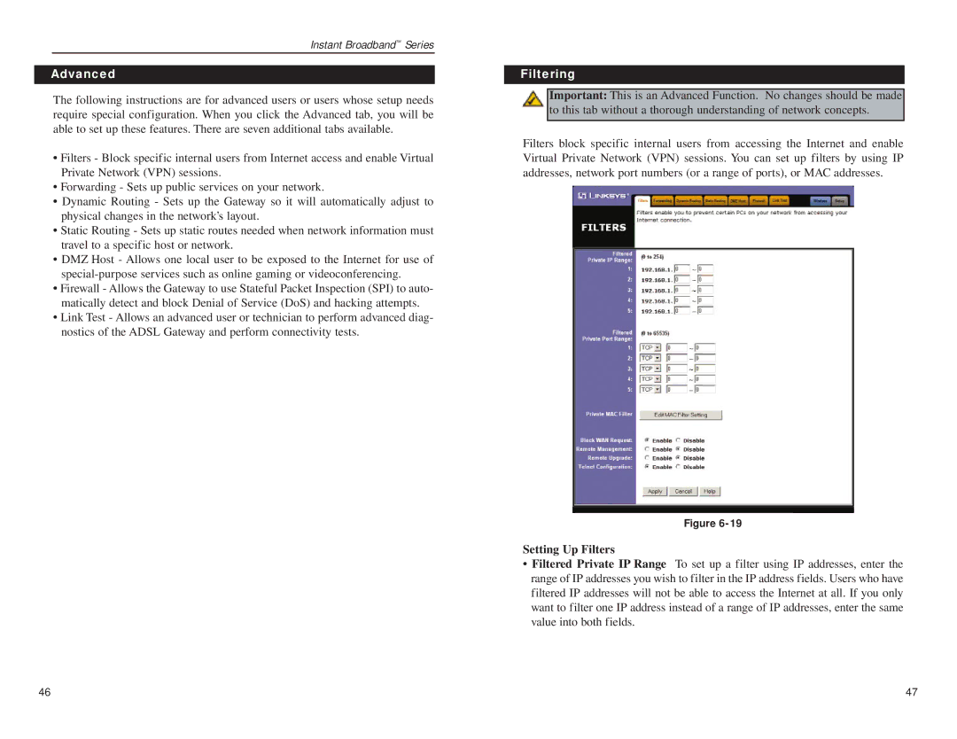 Linksys BEFDSR41W manual Advanced, Filtering, Setting Up Filters 