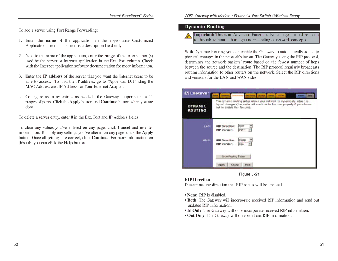 Linksys BEFDSR41W manual Dynamic Routing, RIP Direction 