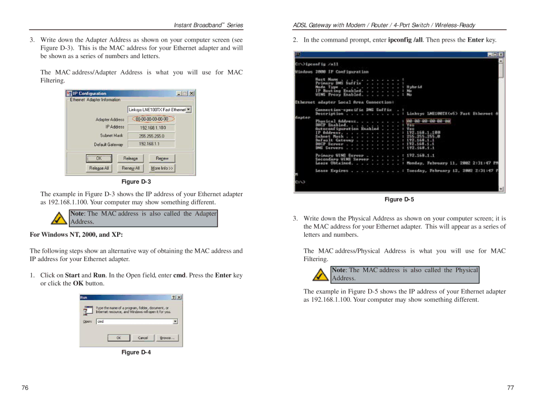 Linksys BEFDSR41W manual Figure D-3, For Windows NT, 2000, and XP 