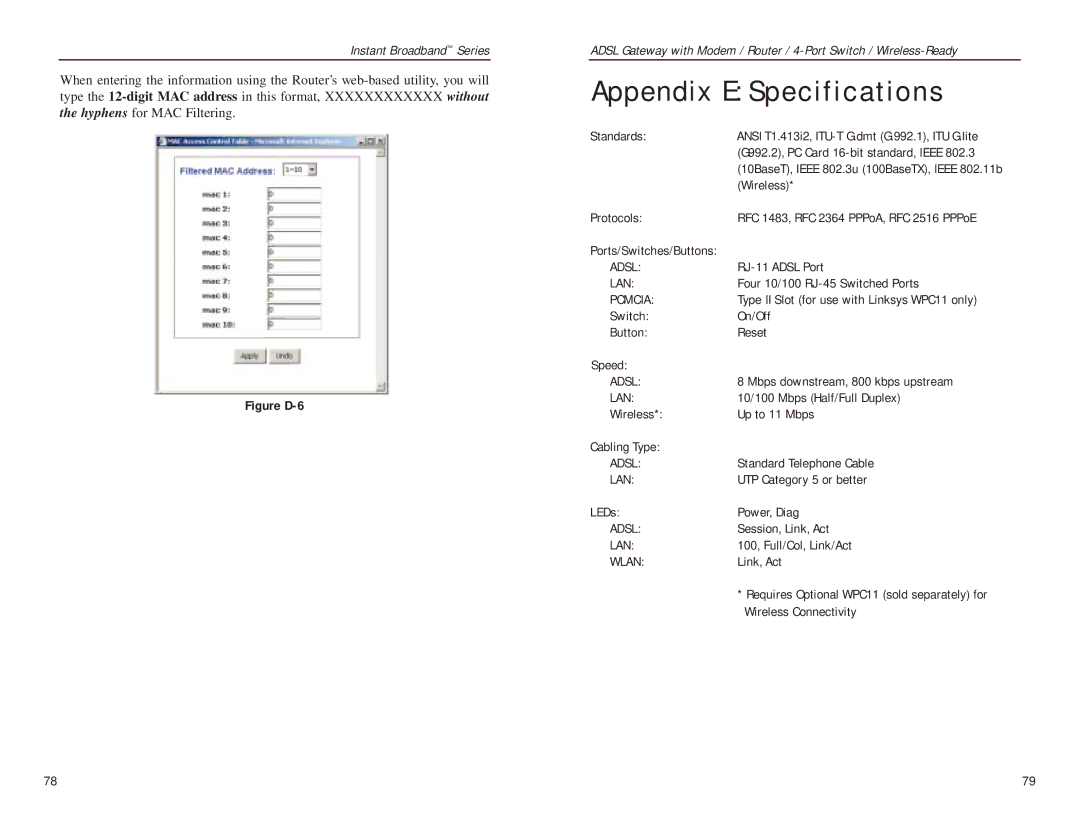 Linksys BEFDSR41W manual Appendix E Specifications, Standards 