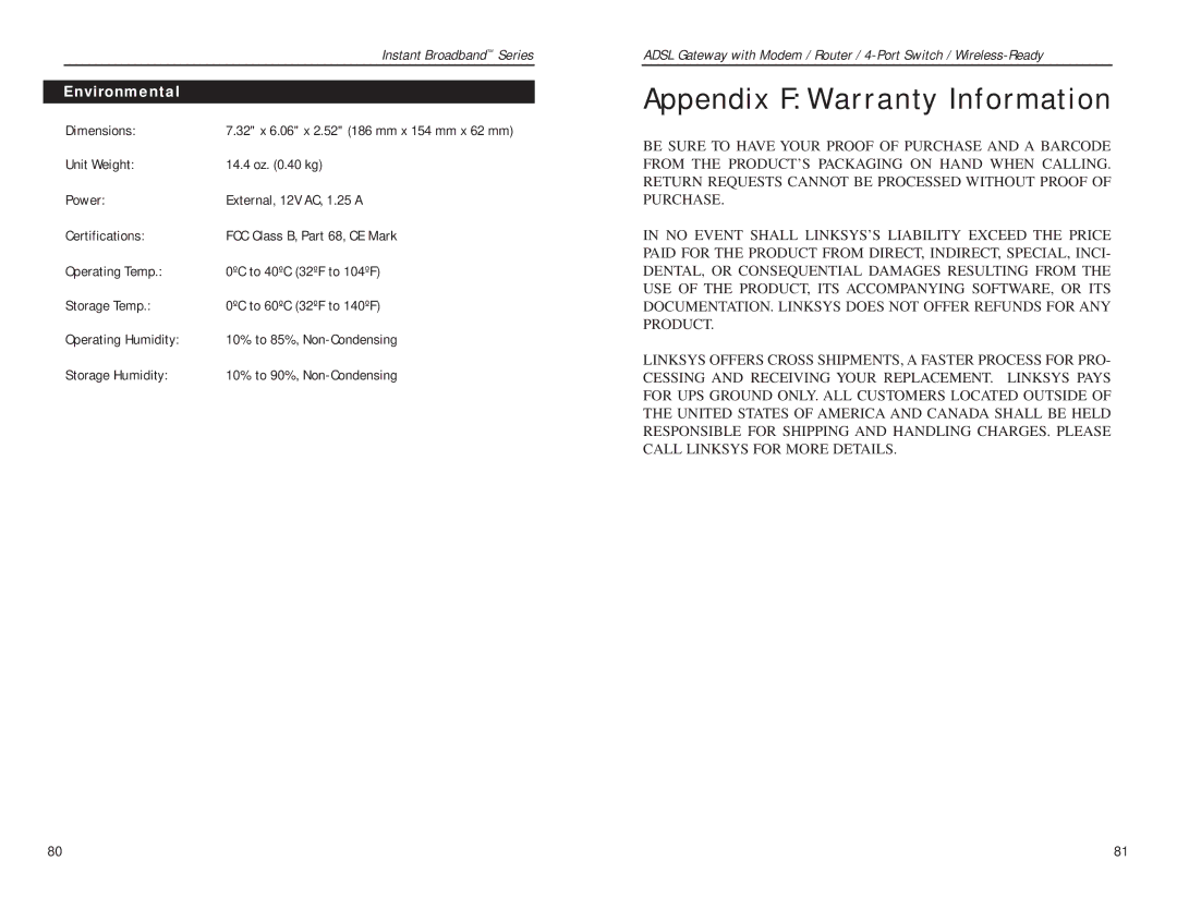 Linksys BEFDSR41W manual Appendix F Warranty Information, Environmental 