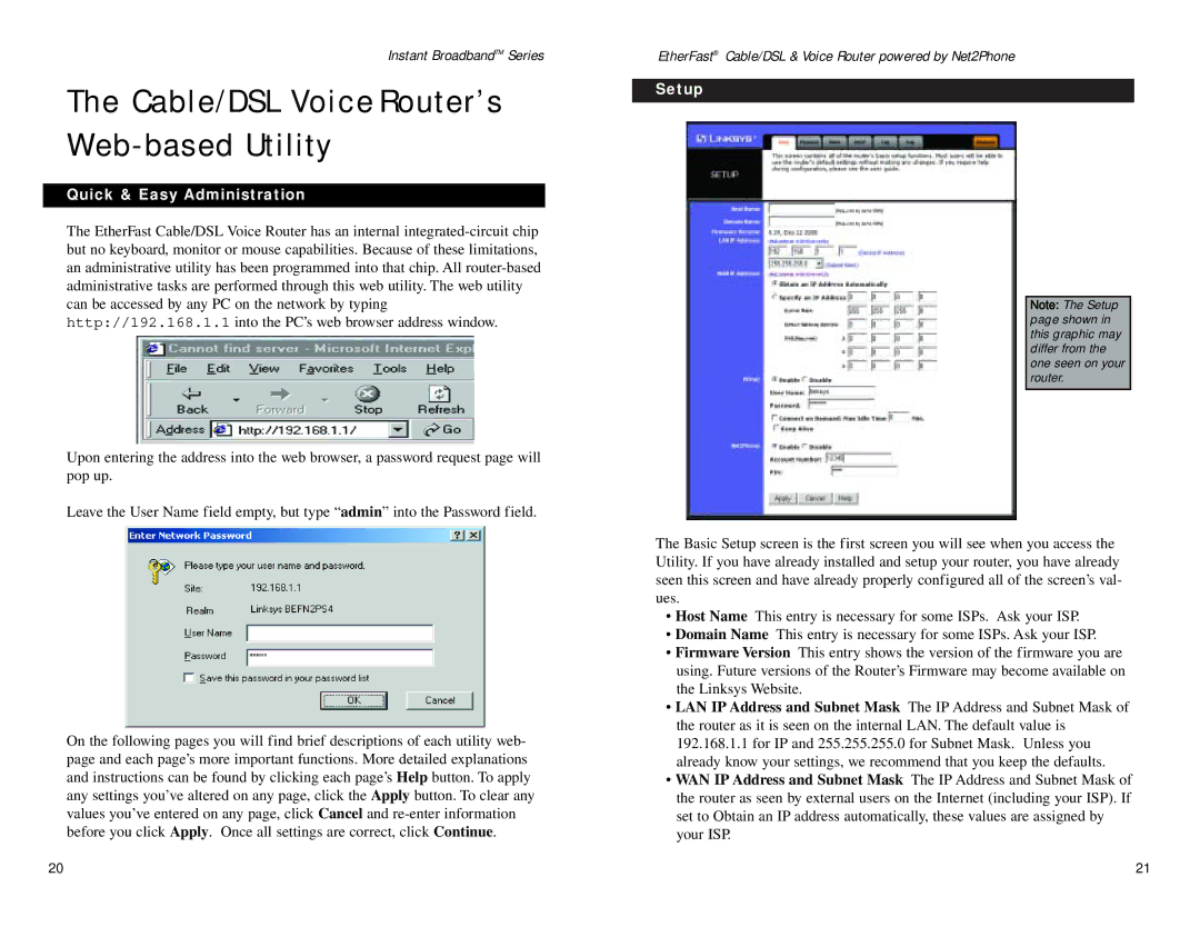 Linksys BEFN2PS4 manual Cable/DSL Voice Router’s Web-based Utility, Quick & Easy Administration, Setup 