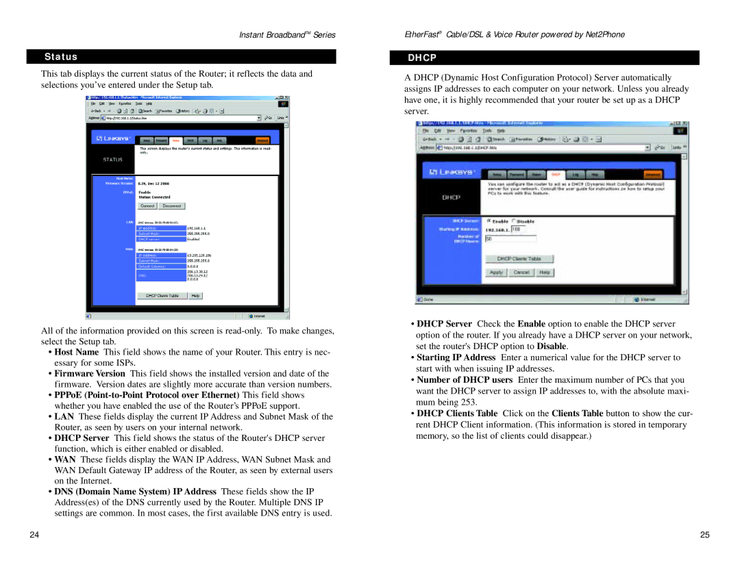 Linksys BEFN2PS4 manual Status, Dhcp 