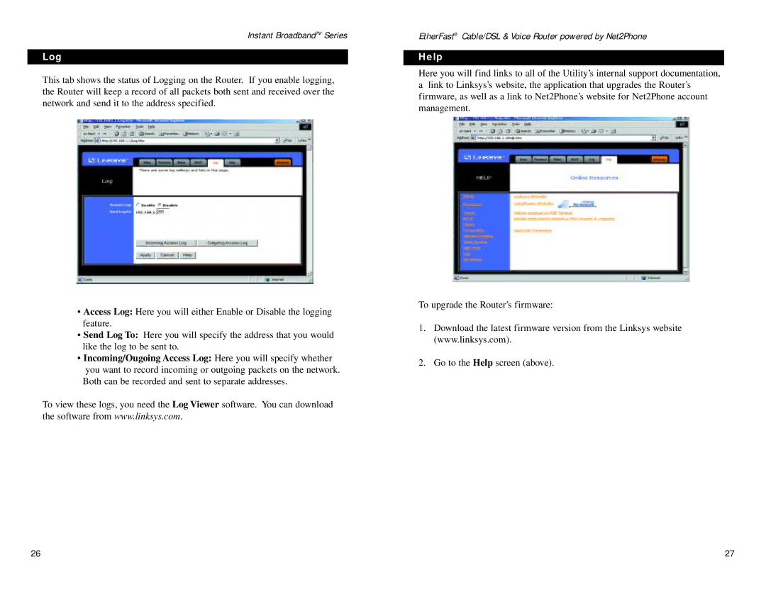 Linksys BEFN2PS4 manual Log, Help 