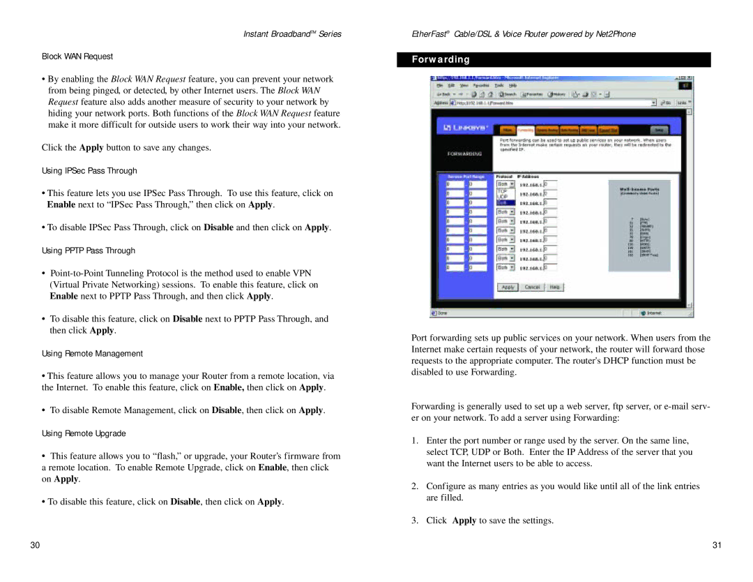 Linksys BEFN2PS4 manual Forwarding 