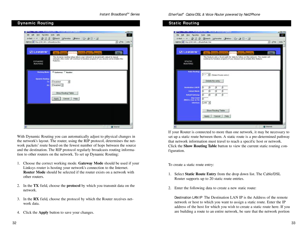 Linksys BEFN2PS4 manual Dynamic Routing Static Routing 