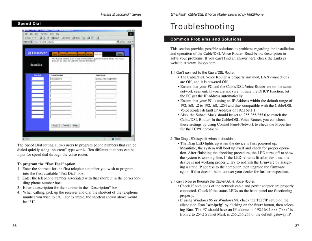 Linksys BEFN2PS4 manual Troubleshooting, Speed Dial, Common Problems and Solutions 