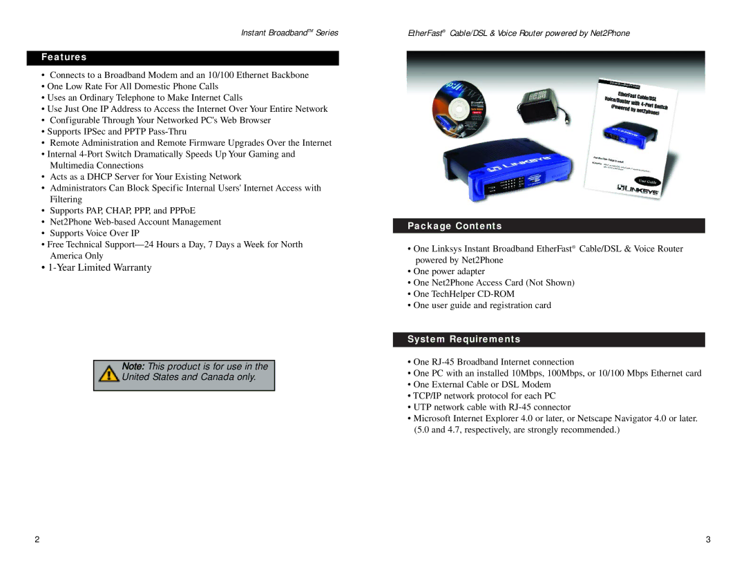 Linksys BEFN2PS4 manual Features, Package Contents, System Requirements 