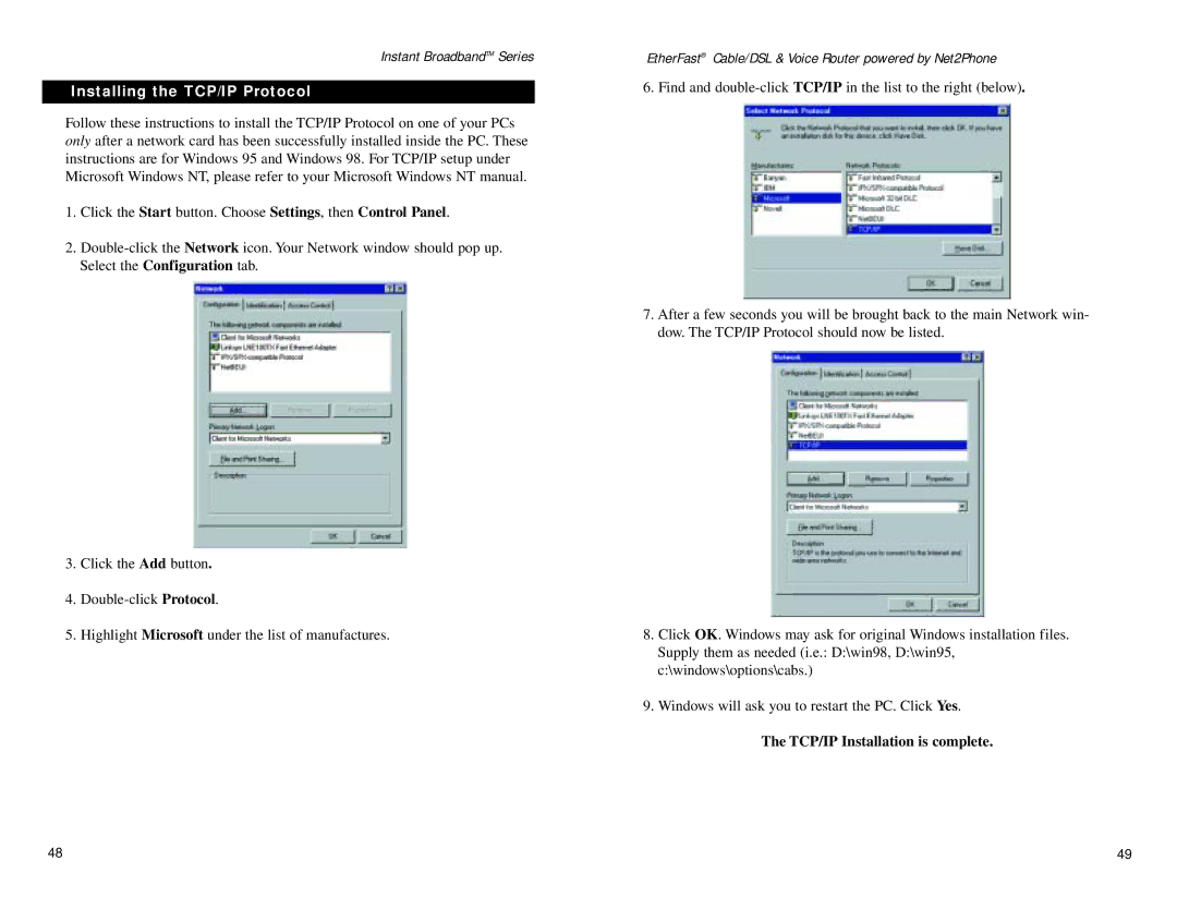 Linksys BEFN2PS4 manual Installing the TCP/IP Protocol, Twisted-Pair Cabling 