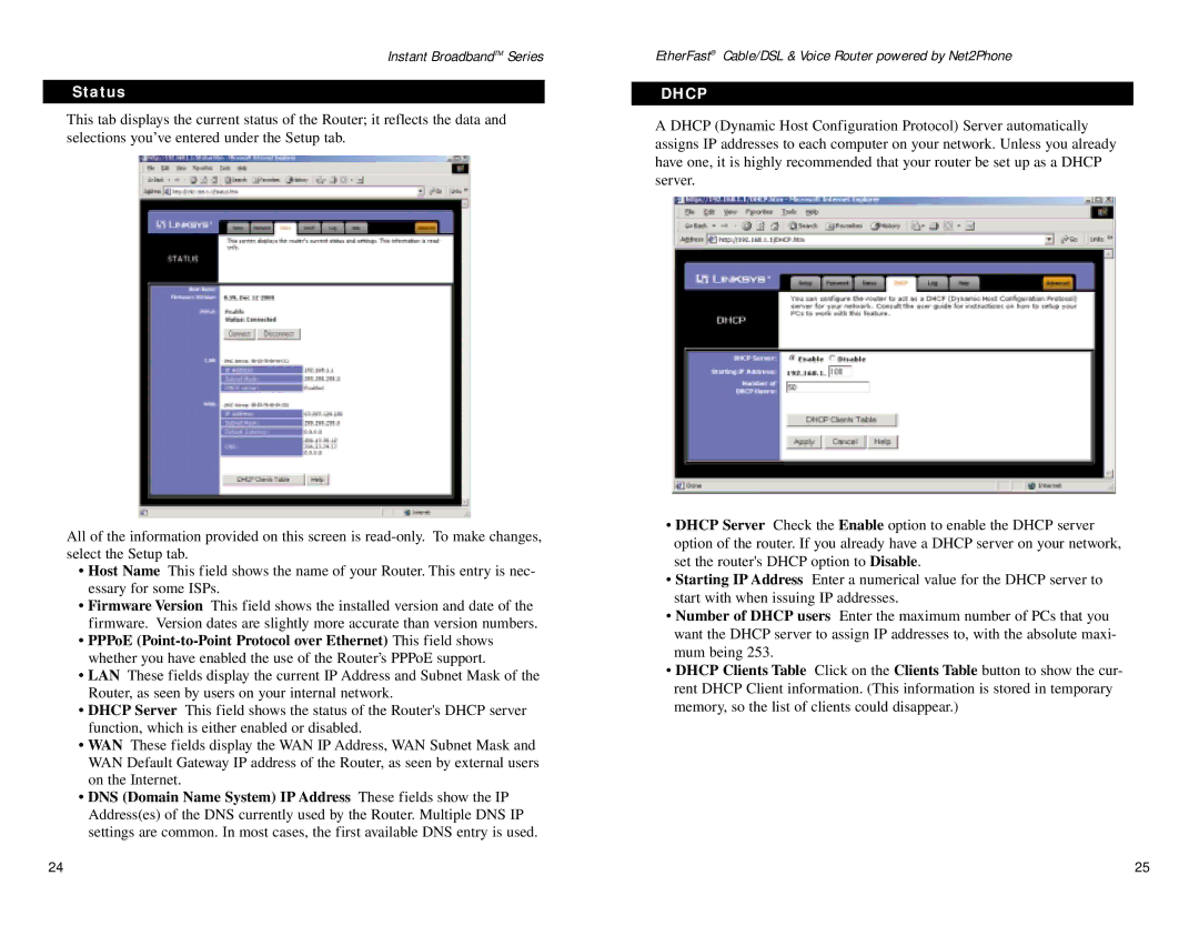 Linksys BEFN2PS4 manual Status, Dhcp 