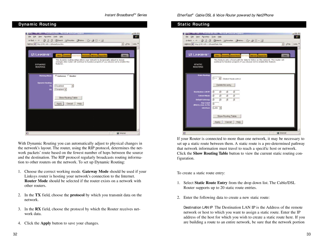 Linksys BEFN2PS4 manual Dynamic Routing Static Routing 