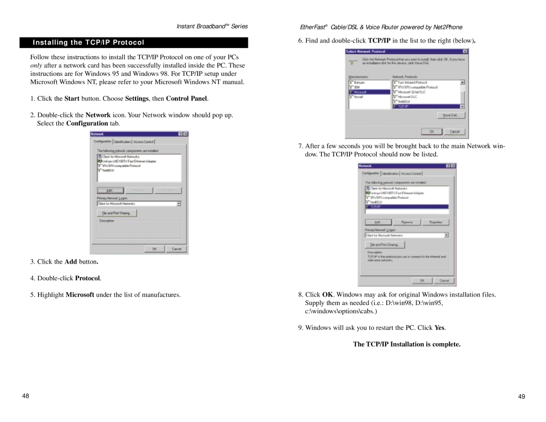 Linksys BEFN2PS4 manual Installing the TCP/IP Protocol, Twisted-Pair Cabling 