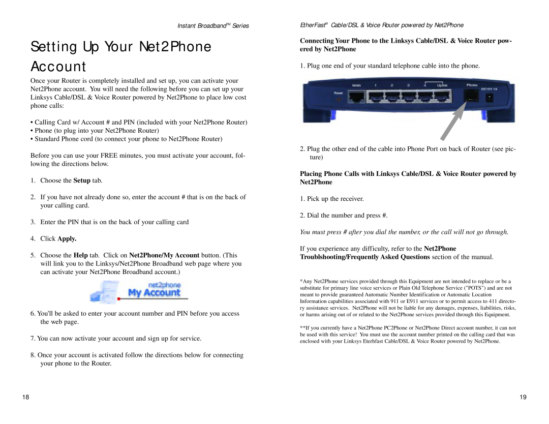 Linksys BEFN2PS4 manual Setting Up Your Net2Phone Account, Instant BroadbandTM Series 