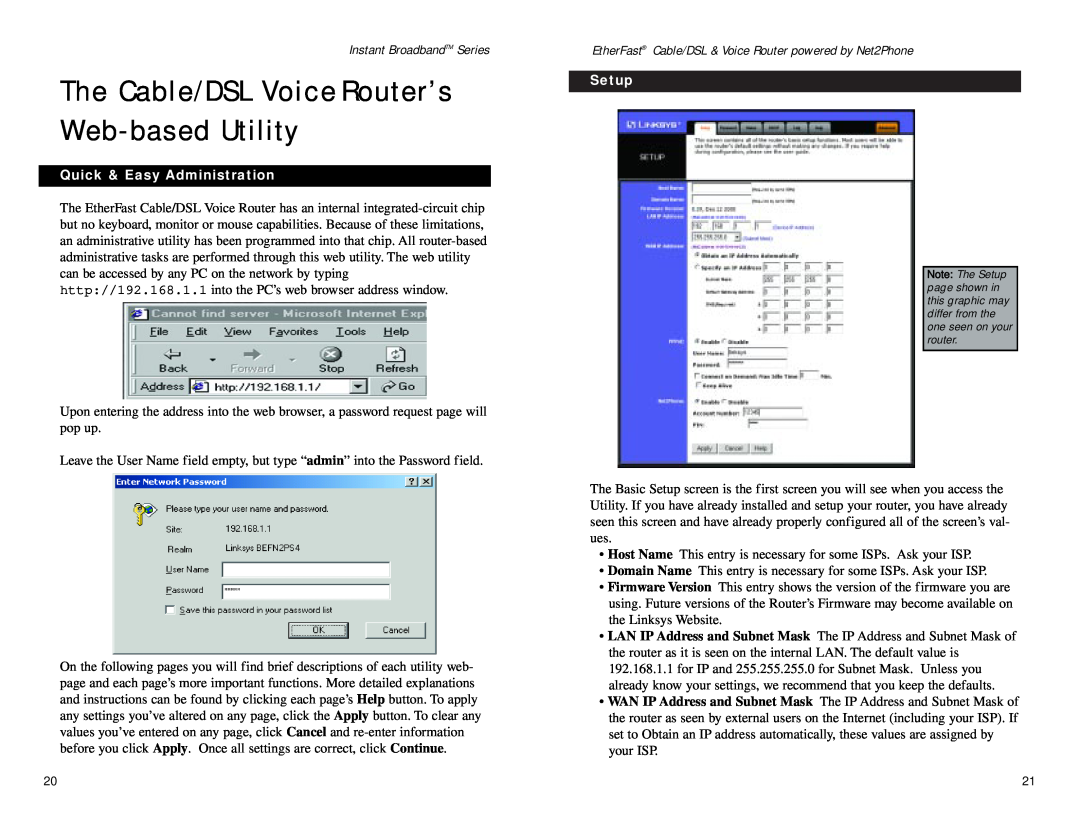 Linksys BEFN2PS4 manual The Cable/DSL Voice Router’s Web-based Utility, Quick & Easy Administration, Setup 
