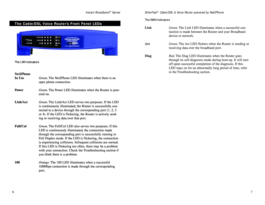 Linksys BEFN2PS4 The Cable/DSL Voice Router’s Front Panel LEDs, Instant BroadbandTM Series, Net2Phone, In Use, Power, Link 