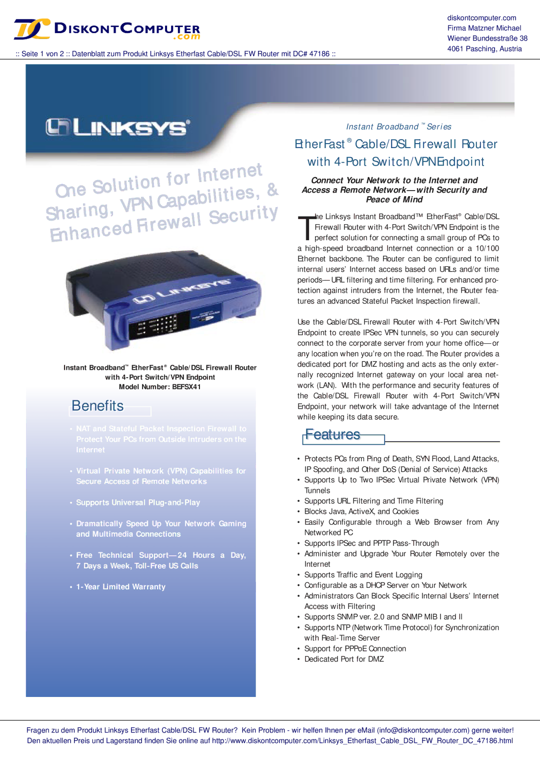 Linksys BEFSK41 warranty For Tio, Benefits, Features 