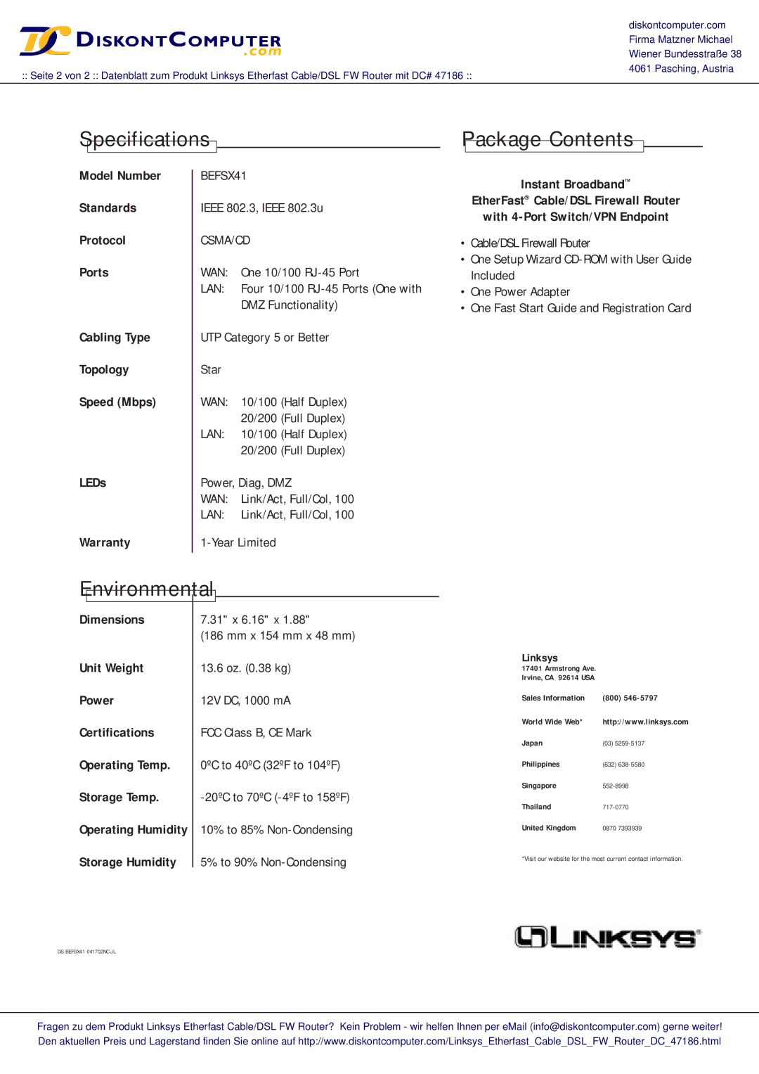 Linksys BEFSK41 warranty Specifications Package Contents 