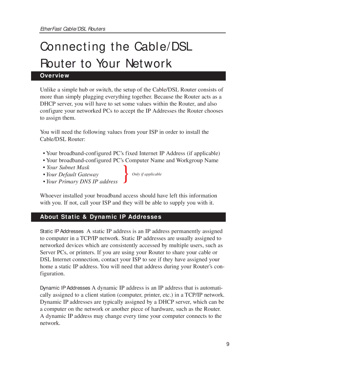 Linksys BEFSR11, BEFSR41 Connecting the Cable/DSL Router to Your Network, Overview, About Static & Dynamic IP Addresses 