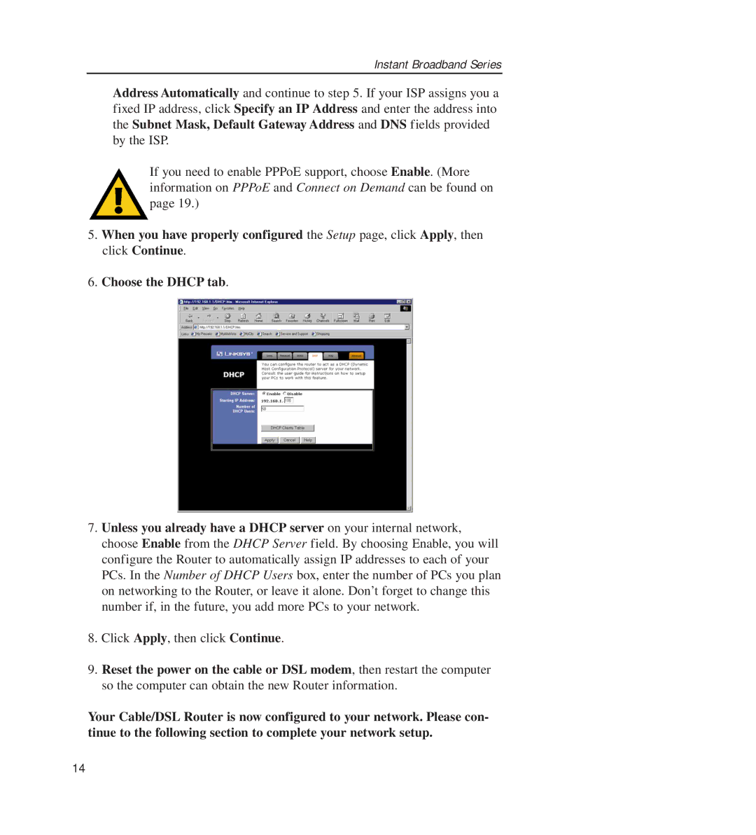 Linksys BEFSR11, BEFSR41 manual Click Apply, then click Continue 