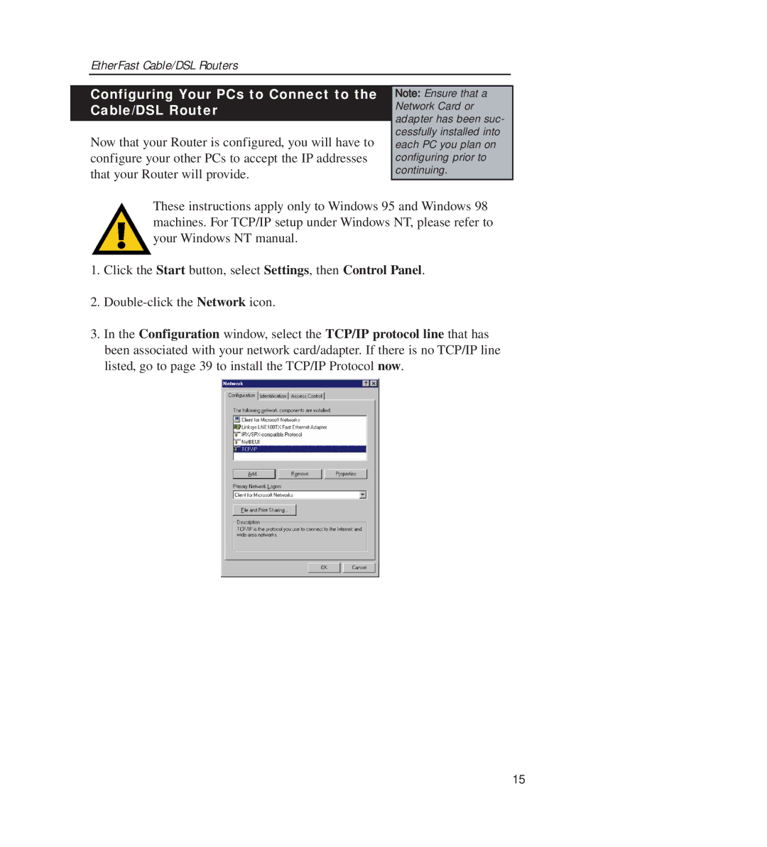 Linksys BEFSR11, BEFSR41 manual Configuring Your PCs to Connect to the Cable/DSL Router 