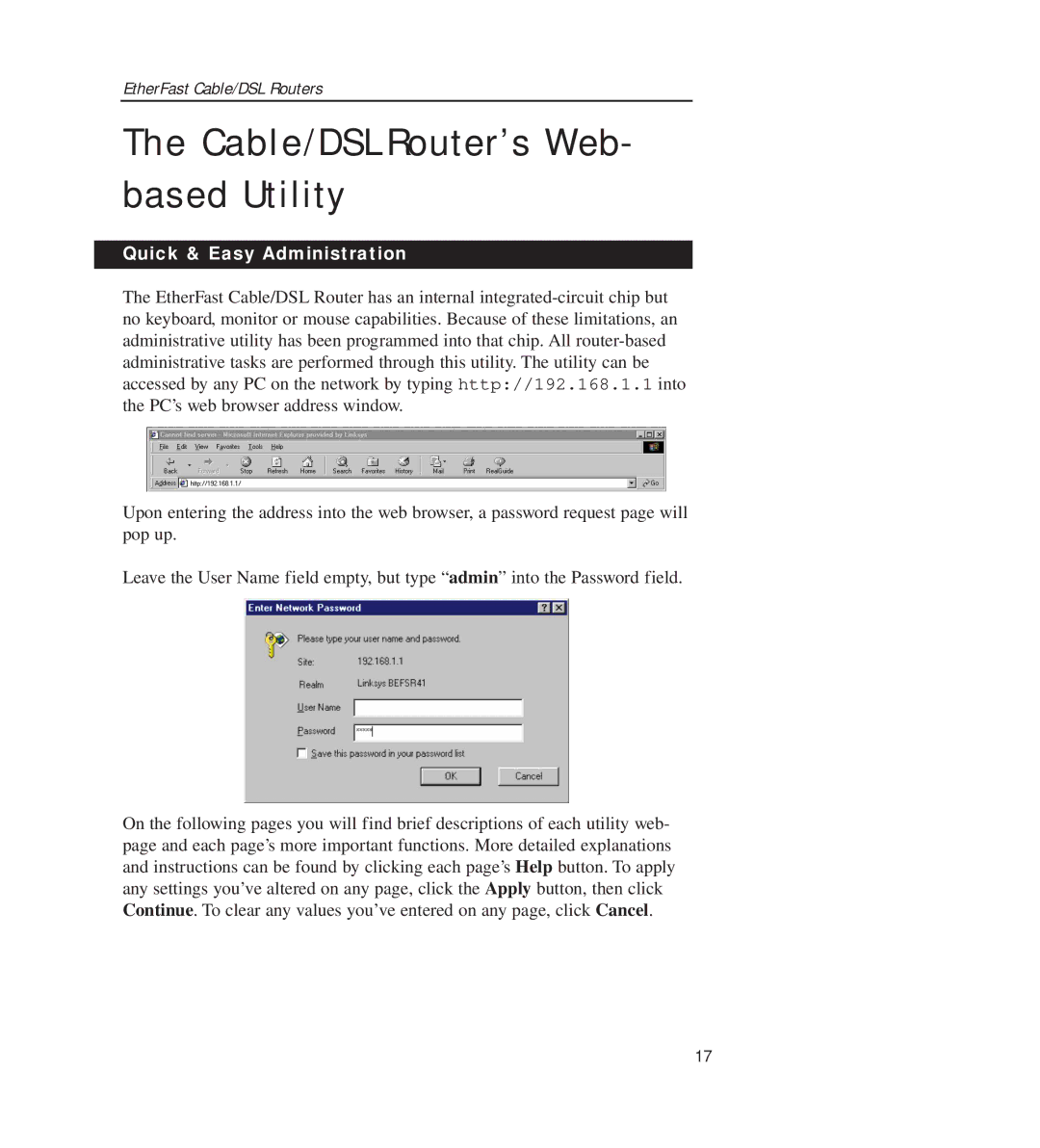 Linksys BEFSR11, BEFSR41 manual Cable/DSL Router’s Web- based Utility, Quick & Easy Administration 