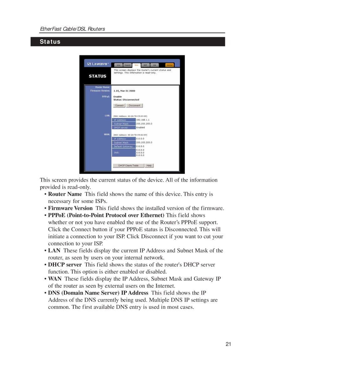 Linksys BEFSR11, BEFSR41 manual Status 