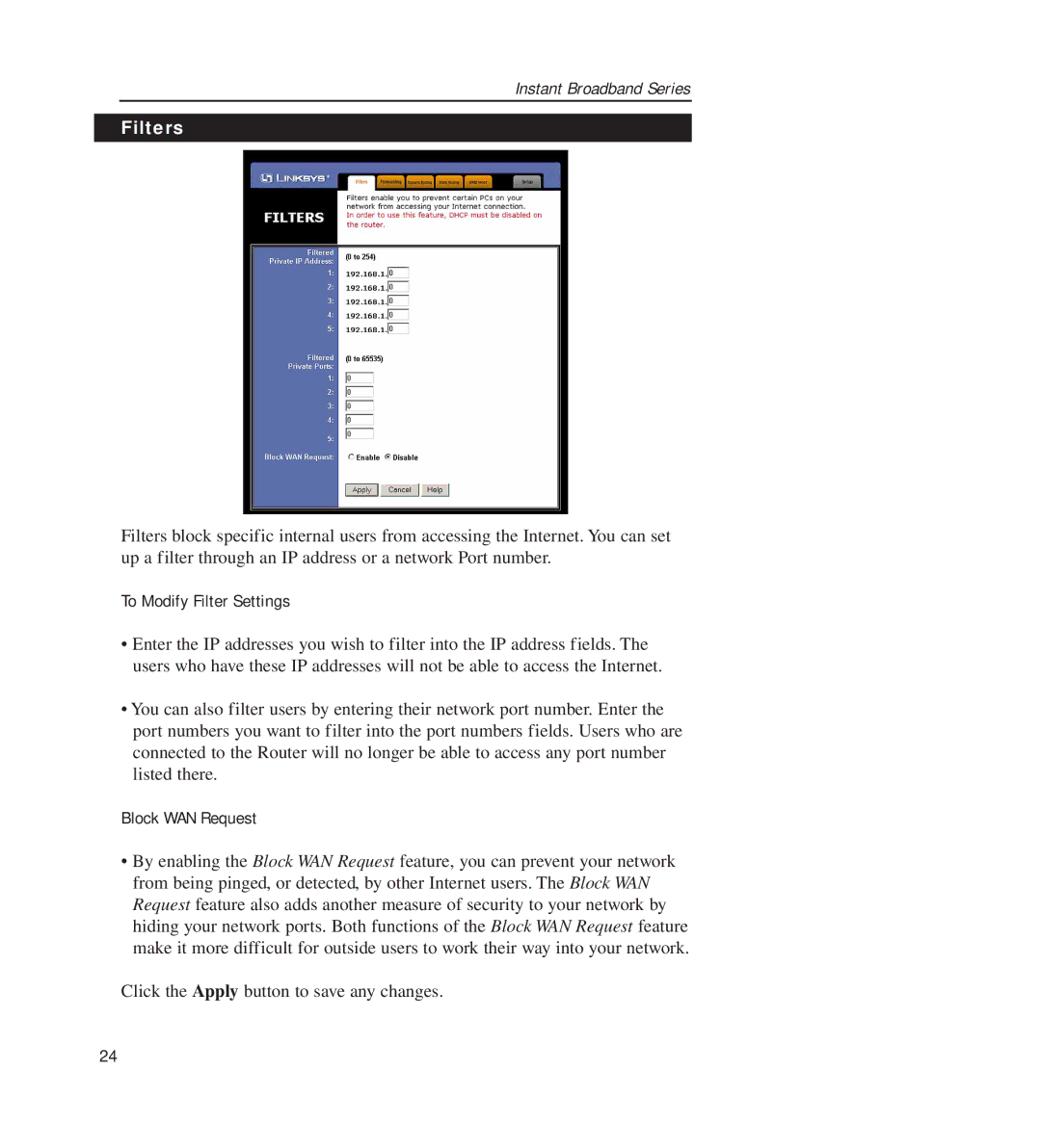 Linksys BEFSR11, BEFSR41 manual Filters, To Modify Filter Settings 