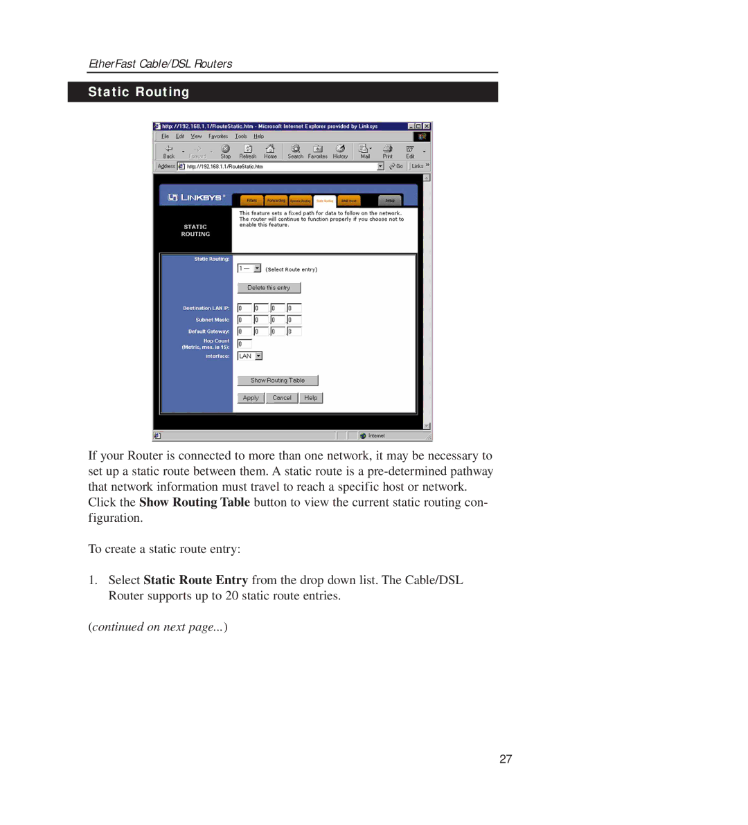 Linksys BEFSR11, BEFSR41 manual Static Routing 