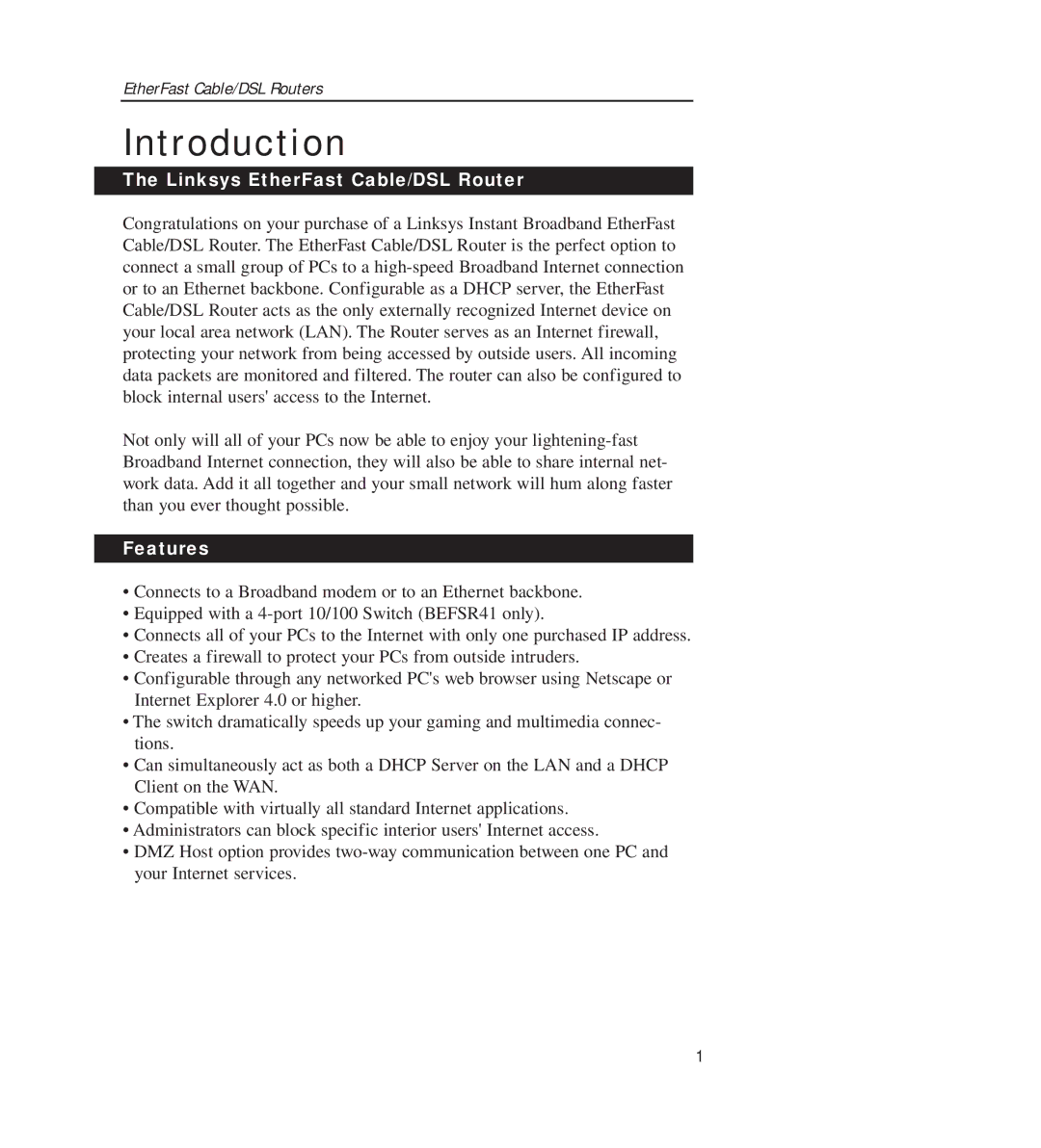 Linksys BEFSR11, BEFSR41 manual Introduction, Linksys EtherFast Cable/DSL Router, Features 