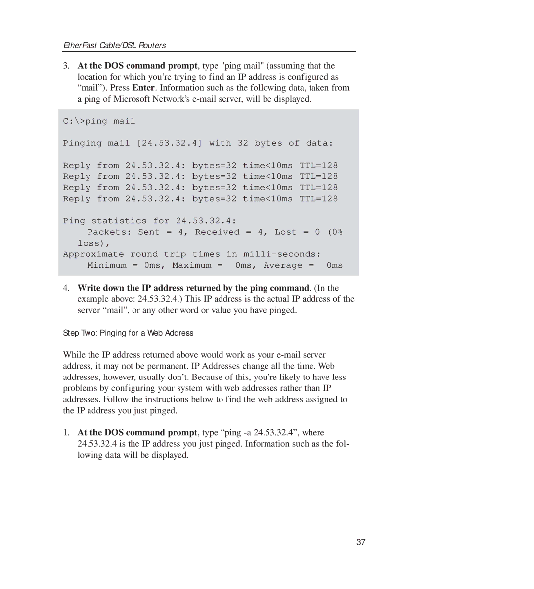 Linksys BEFSR11, BEFSR41 manual Step Two Pinging for a Web Address 