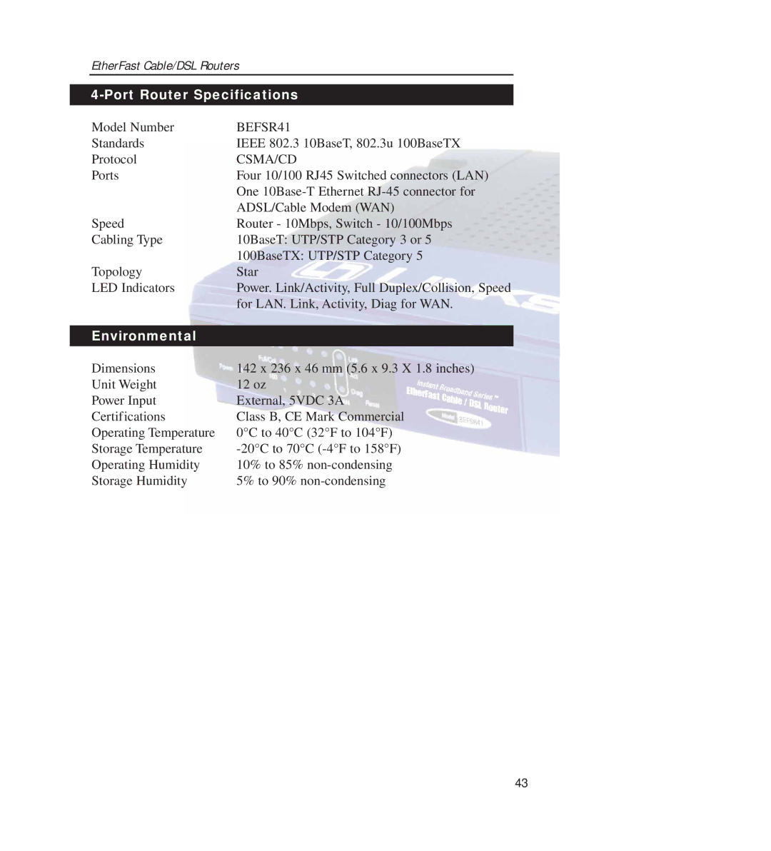 Linksys BEFSR11, BEFSR41 manual Port Router Specifications, Environmental 